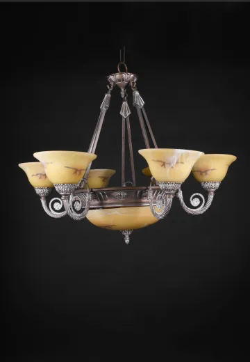 Bronze Six Light Chandelier w/Alabaster Shades