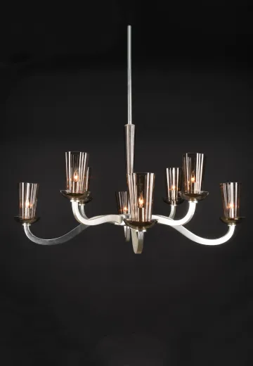 Nickel Eight Light Chandelier w/Smoke Glass Shades (On 21" Stem)