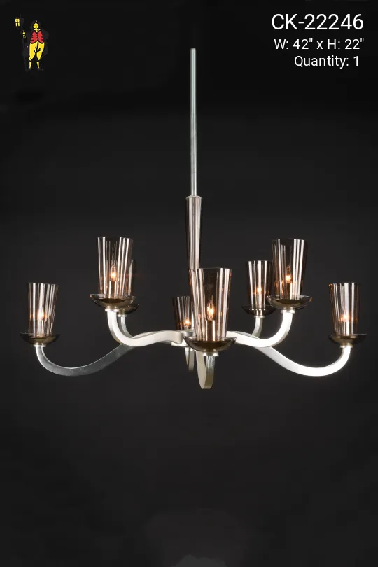 Nickel Eight Light Chandelier w/Smoke Glass Shades (On 21" Stem)