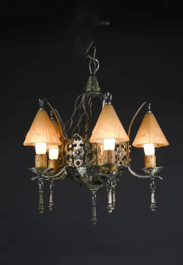 Five Light Glass Shaded Gothic Chandelier