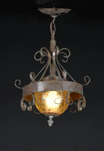 Wrought Iron Gothic Hanging Pendant w/Amber Glass Globe