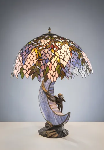 Bronze Statute Table Lamp w/Art Glass Shade