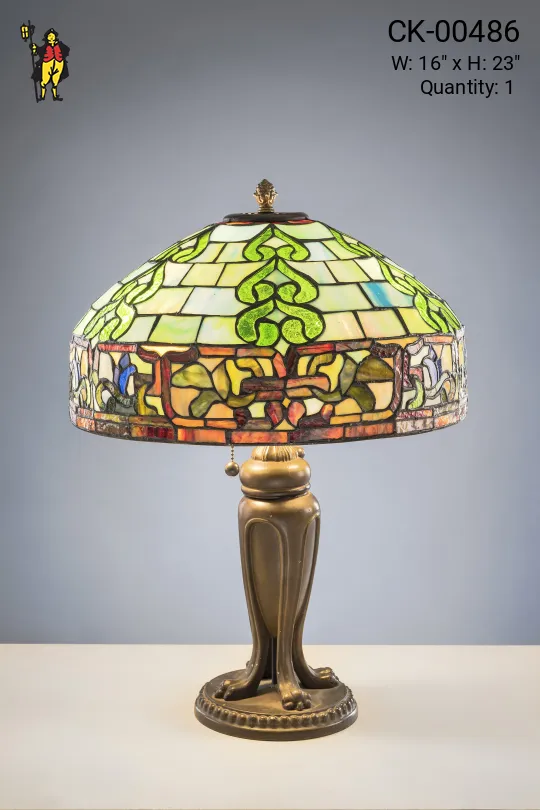 Antique Brass Table Lamp w/Multicolor Art Glass Shade