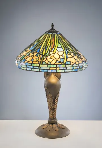 Antique Bronze Table Lamp w/Leaded Glass Shade