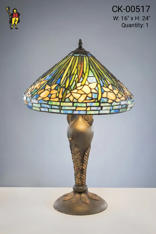Antique Bronze Table Lamp w/Leaded Glass Shade