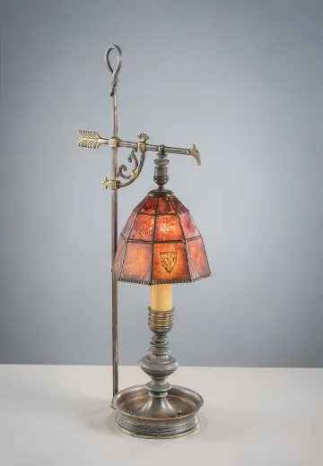 Antique Brass Bridge Table Lamp w/Amber Mica Shade
