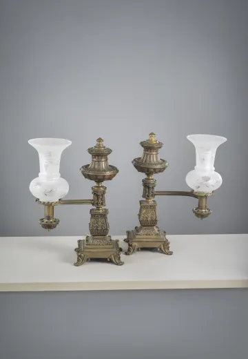Brass Mantel Lamps w/Frosted Glass Shades