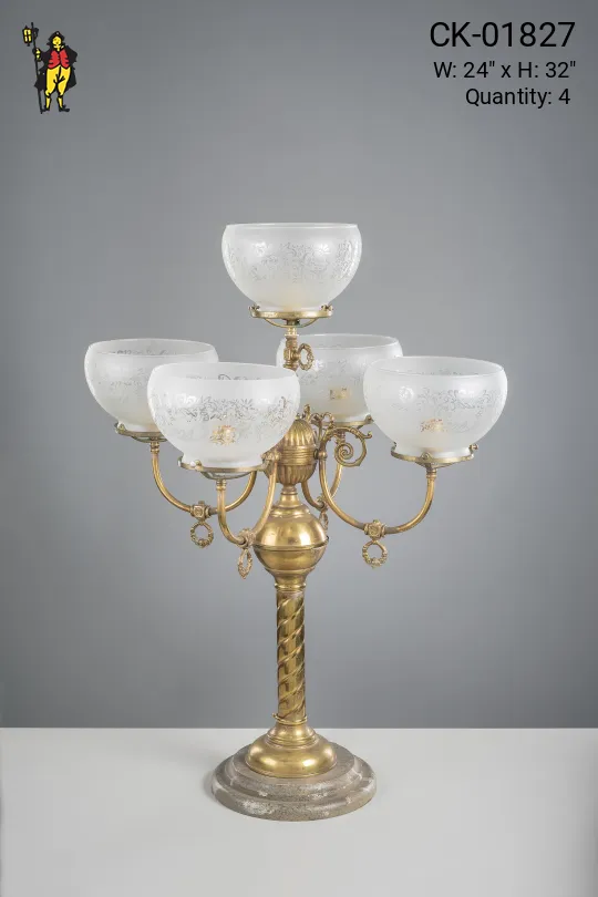 Five Light Curved Arm Table Lamp w/Etched Glass Bowl Shades