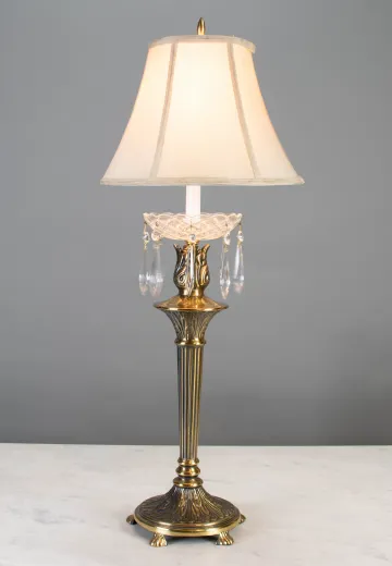 Brass Column Footed Table Lamp w/Crystal Drops
