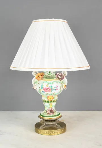 Green & White Floral Painted Ceramic Table Lamp
