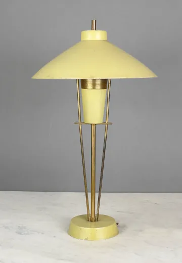 Mid Century Yellow-Green & Brass Table Lamp