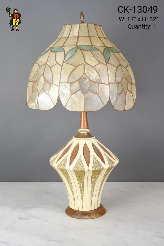 Mid Century Beige & Brown Table Lamp w/Floral Mica Shade