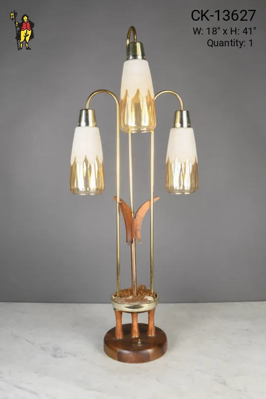 Three Light Wood & Brass Oversize Table Lamp
