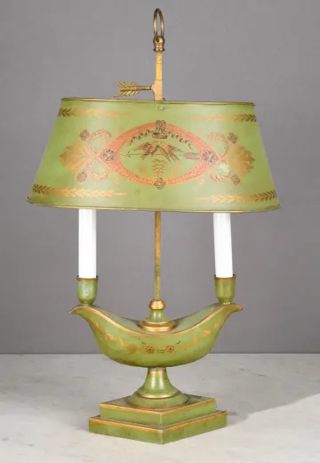 Green Metal Shaded Two Candle Table Lamp