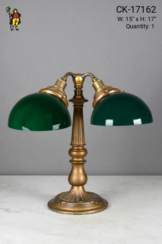 Antique Brass Green Glass Shaded Two Light Table Lamp