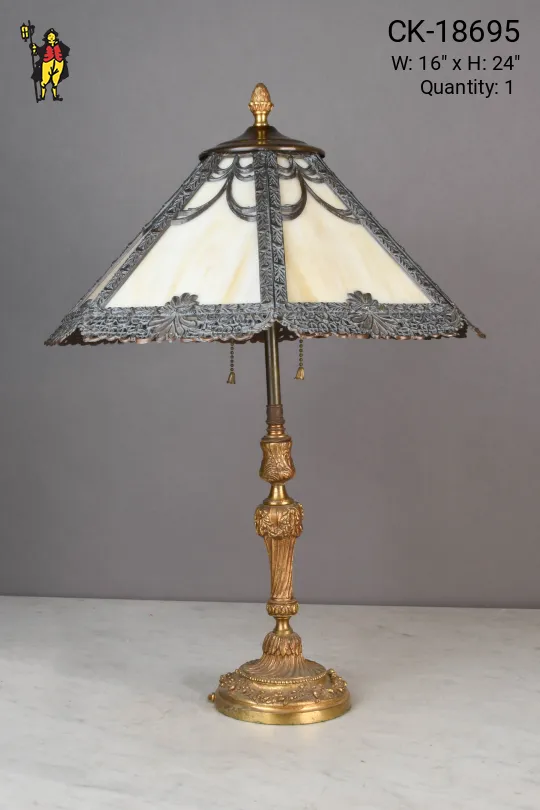 Slag Glass Shaded Brass Table Lamp