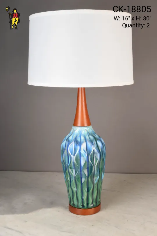 Painted Blue & Green Ceramic & Wooden Accented Table Lamp
