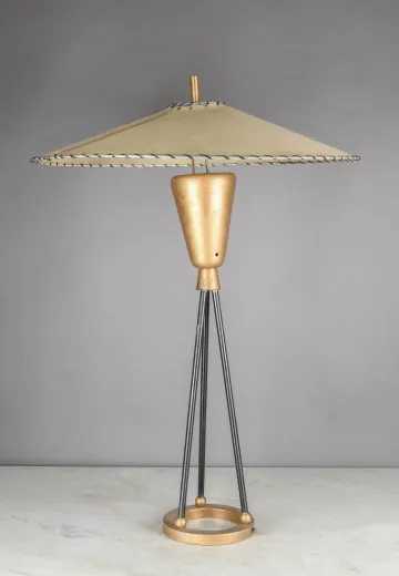 Black & Brass Space Age Mid Century Tripod Table Lamp w/Large Fiberglass Shade