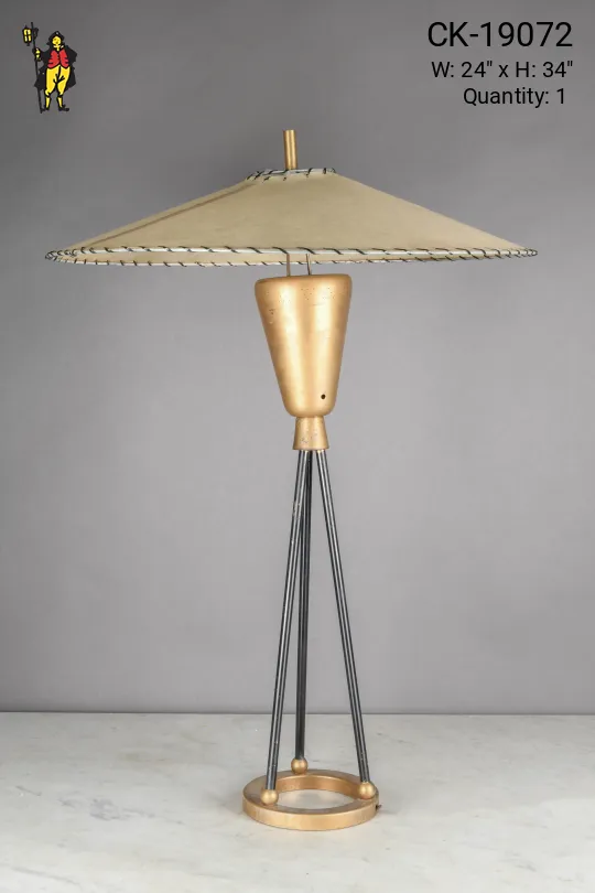 Black & Brass Space Age Mid Century Tripod Table Lamp w/Large Fiberglass Shade