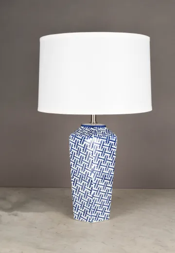 Blue & White Geometric Pattern Ceramic Table Lamp