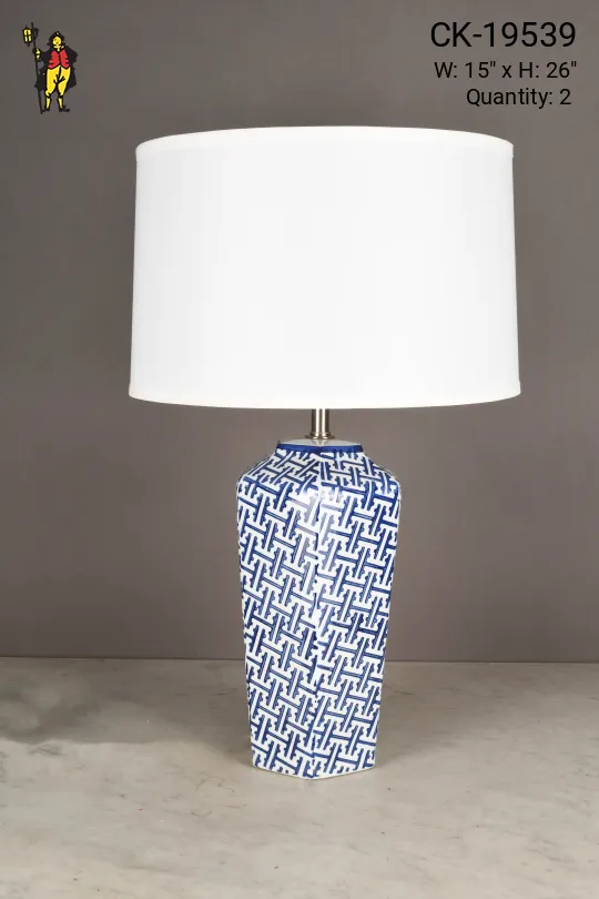 Blue & White Geometric Pattern Ceramic Table Lamp