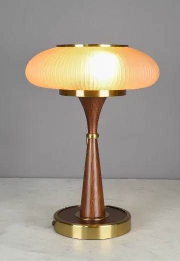 Wooden & Brass Glass Shaded Table Lamp