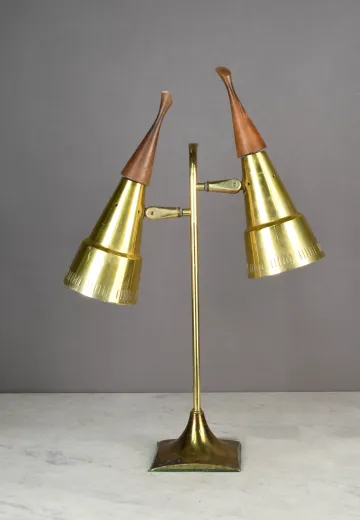 Polished Brass & Wood Mid Century Directional Table Lamp