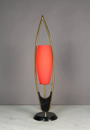 Black & Brass Red Glass Shaded Mid Century Table Lamp