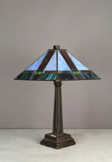Blue & Green Slag Glass Shaded Bronze Table Lamp