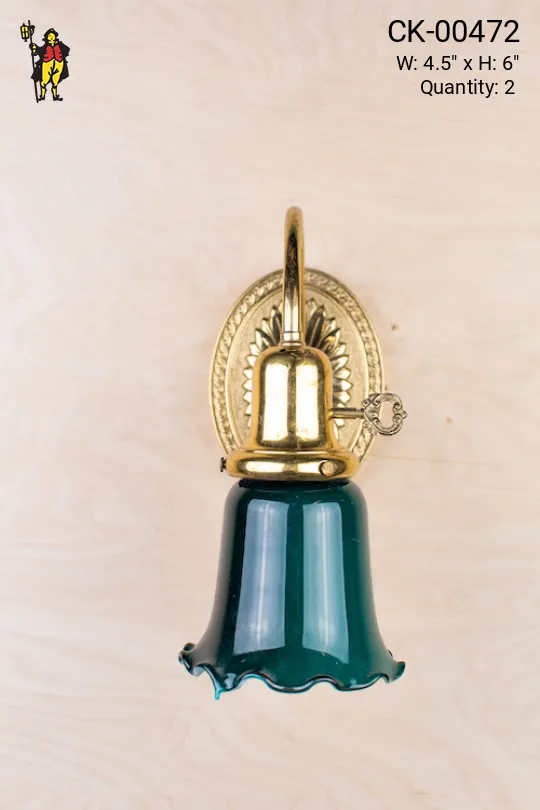 Single Light Polished Brass Wall Sconce With Green Glass Shade