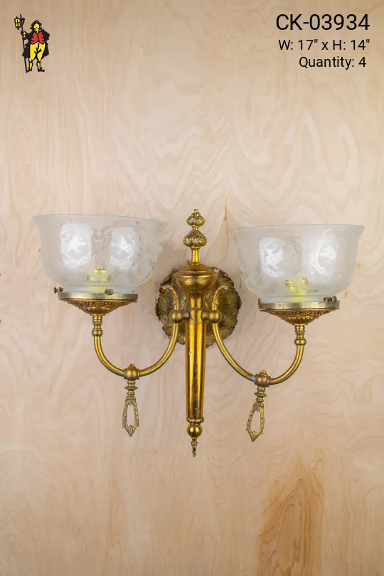 Two Curved Arm Wall Sconce w/Etched Glass Shades
