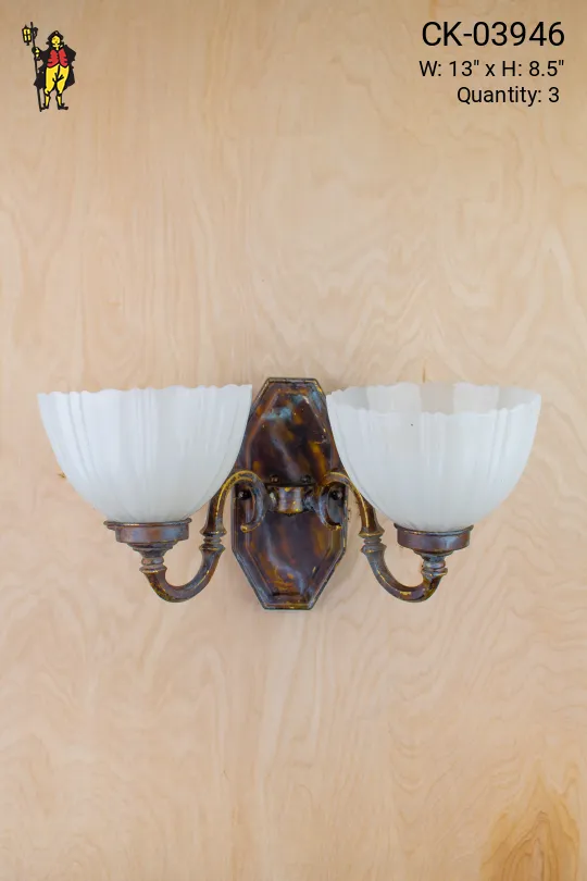 Two Curved Arm Bronze Wall Sconce w/Frosted Glass Shades