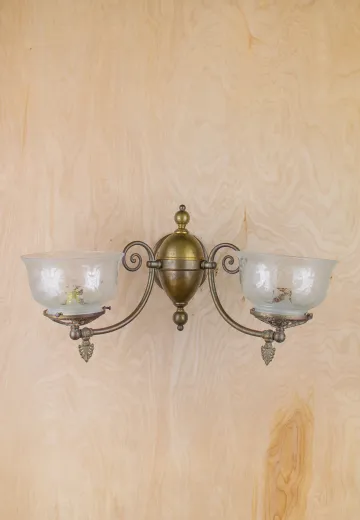 Wide Two Curved Arm Wall Sconce w/Etched Glass Shades