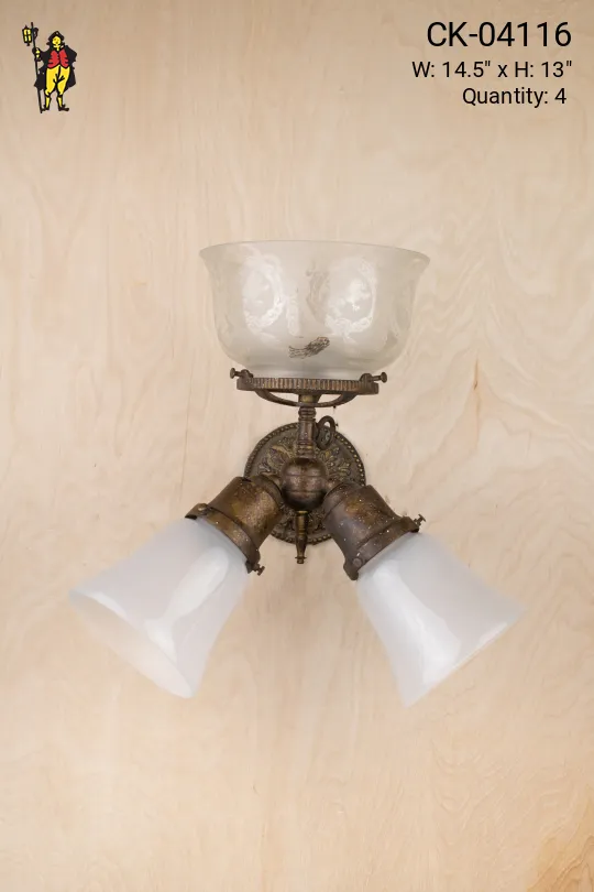 Antique Three Light Wall Sconce w/Frosted Glass & Etched Bowl Shades