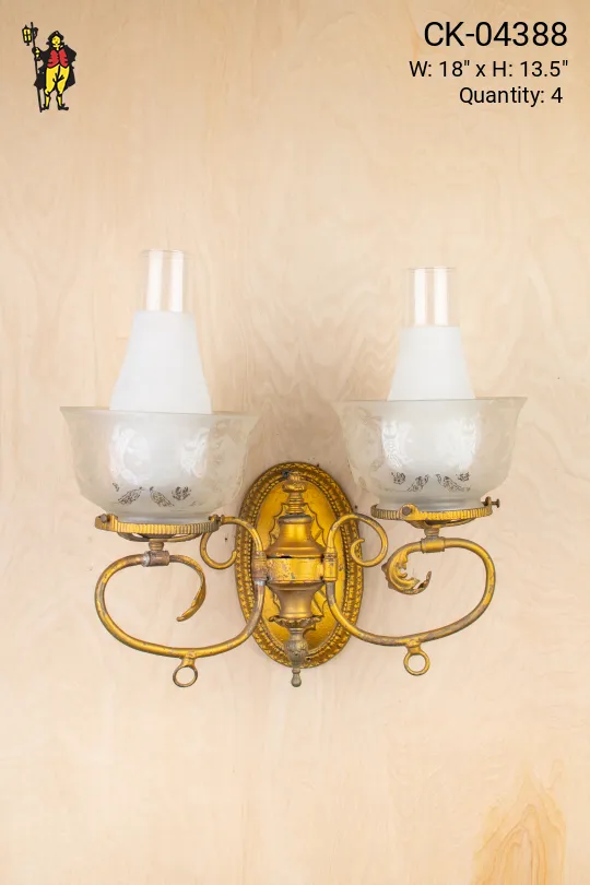 Two Light Brass Wall Scone w/Etched Glass Bowl Shades & Glass Chimney