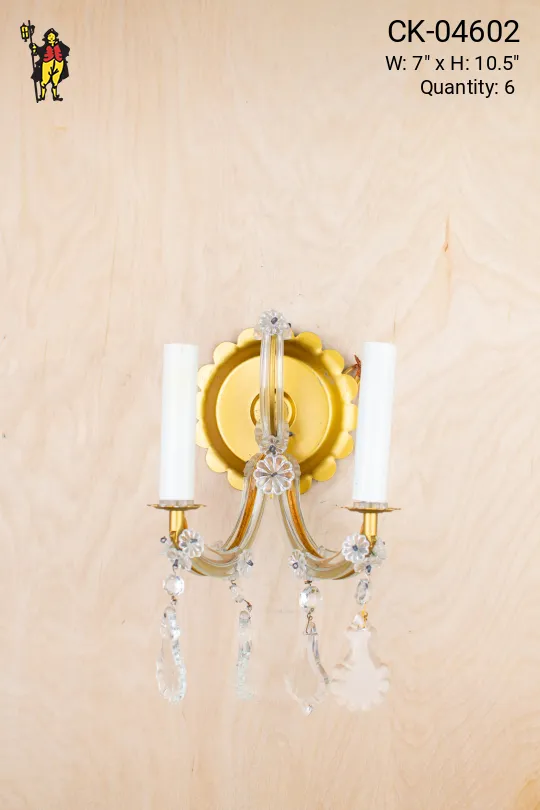 Two Candle Brass Wall Sconce w/Crystal Drops