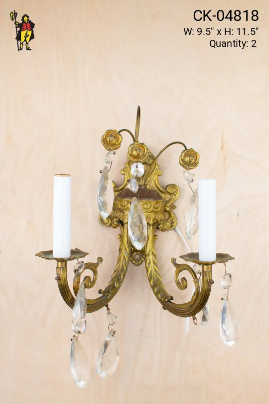 Two Candle Victorian Brass Wall Sconce w/Crystal Drops