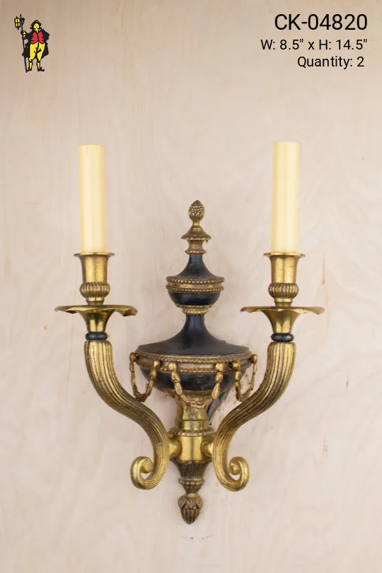 Two Candle Art Deco Black & Brass Wall Sconce