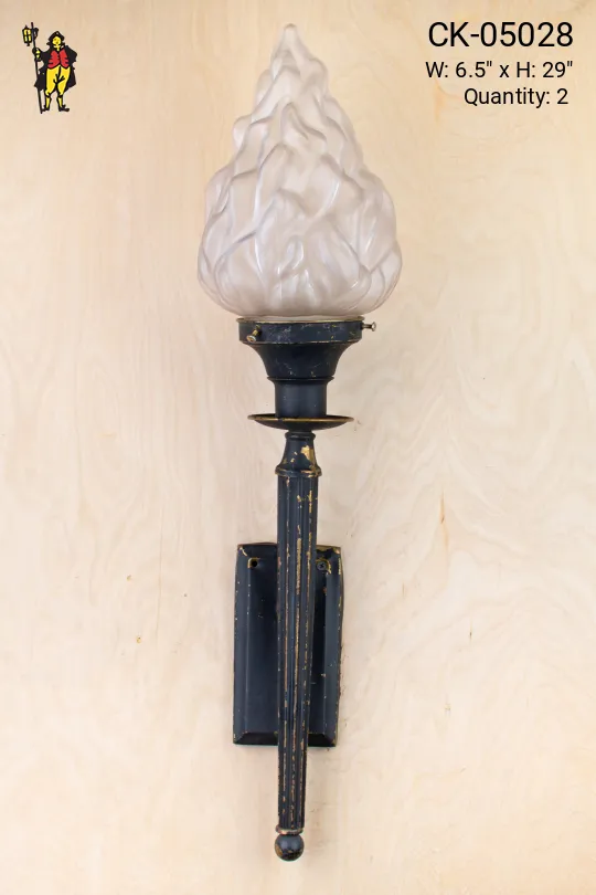 Black & Gold Torch Wall Sconce w/Glass Flame Shade