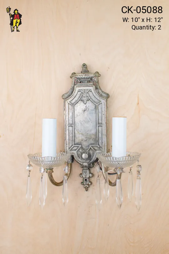 Gothic Silver Two Candle Wall Sconce w/Crystal Drops