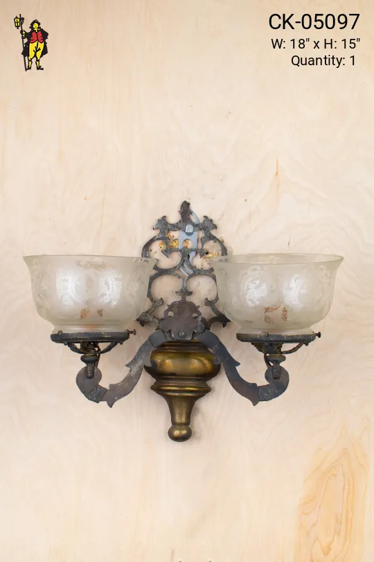 Victorian Two Light Wall Sconce w/Etched Glass Bowl Shades