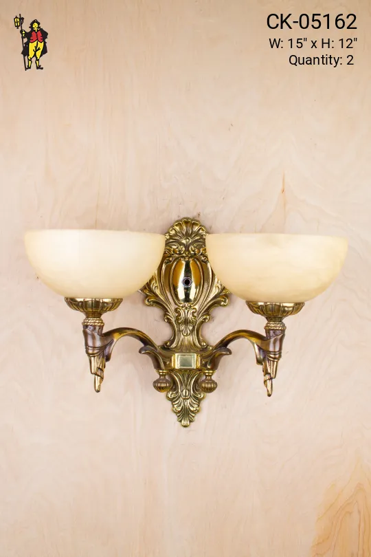 Art Deco Brass Wall Sconce w/Alabaster Shades