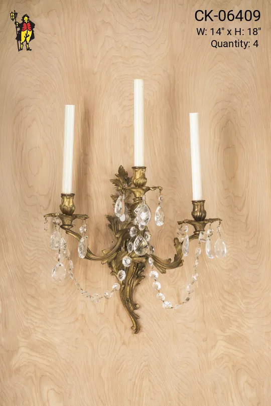 Three Candle Deco Wall Sconce w/Crystal Drops