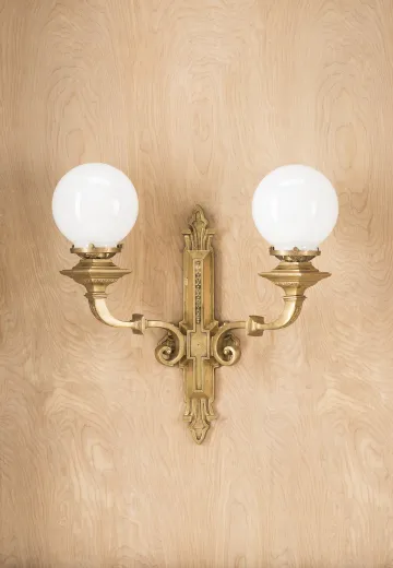 Two Light Brass Wall Sconce w/White Globes
