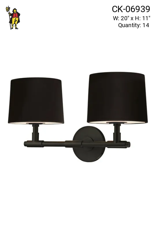 Two Light Black Wall Sconce w/Black Fabric Shades
