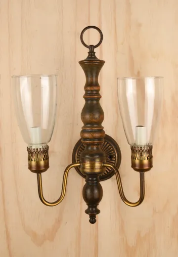 Wooden Two Light Wall Sconce with Glass Hurricane Shades
