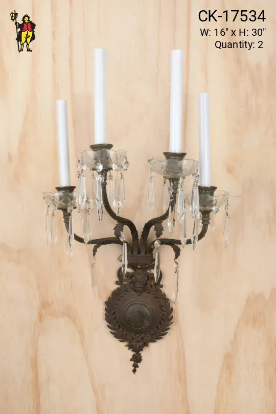 Antique Brass Tall Four Candle Wall Sconce w/Crystal Drops