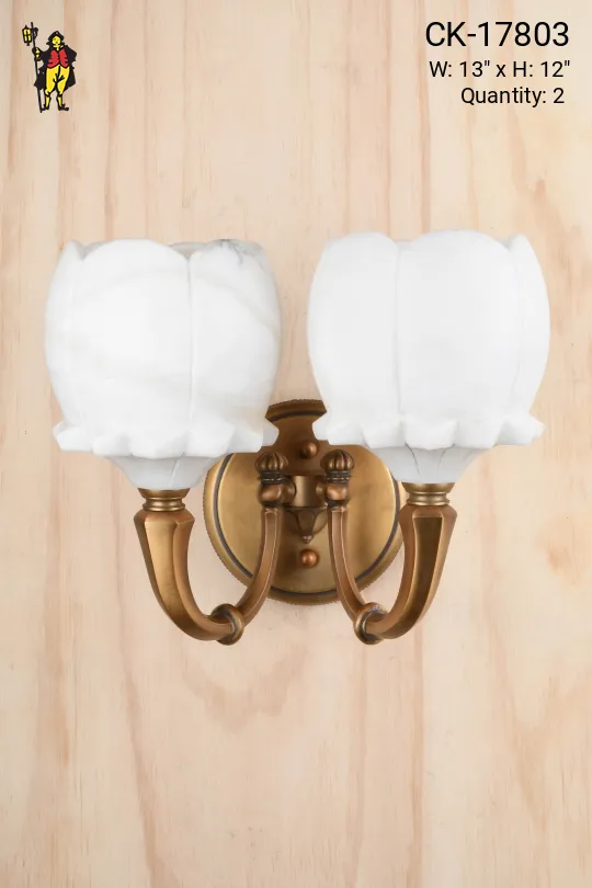 Antique Brass Two Light Wall Sconce w/Molded Alabaster Shades