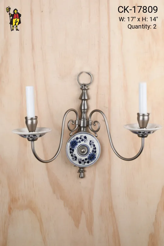 Nickel Two Candle Wall Sconce w/Painted Blue & White Ceramic Backplate
