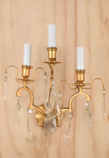 Brass Three Light Wall Sconce w/Crystal Drops